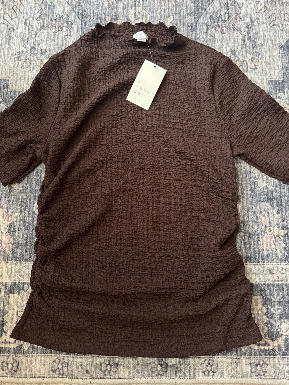 a new day Dark Brown Textured Short-Sleeve Ruffle Neck Tee